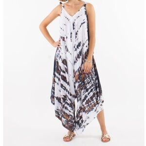 Tie Dye Harem Jumpsuit Wide Leg Drop Crotch Parachute Blue White Cover-Up V-Neck